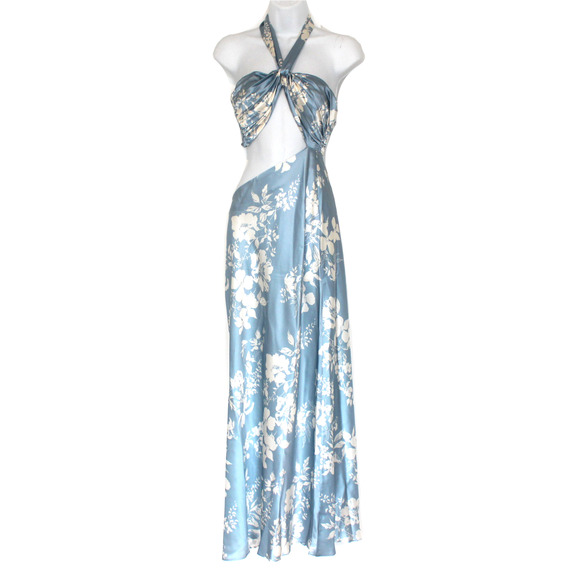 Reformation Vivi Silk Maxi Dress NEW Aliso Blue Floral Bandeau Halter Satin Sz 2 - Picture 2 of 8